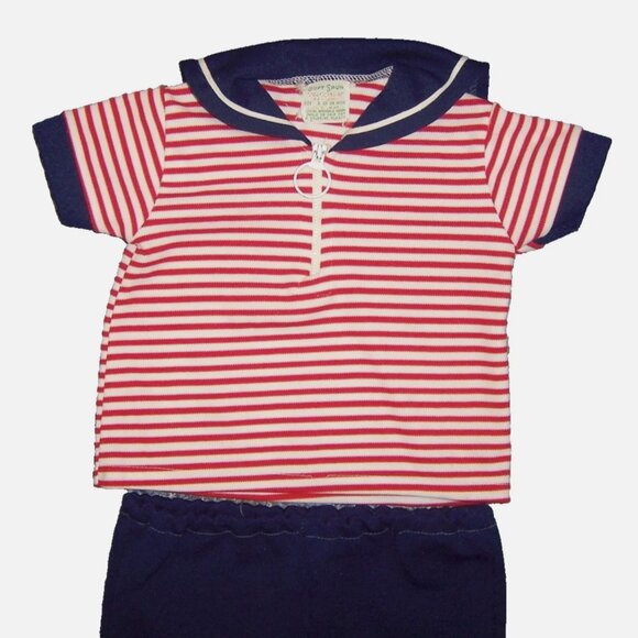 Vintage Soft Spun Japan 70s Kids Sailor Outfit Top Pants Set Red White Blue 3T - Picture 2 of 4